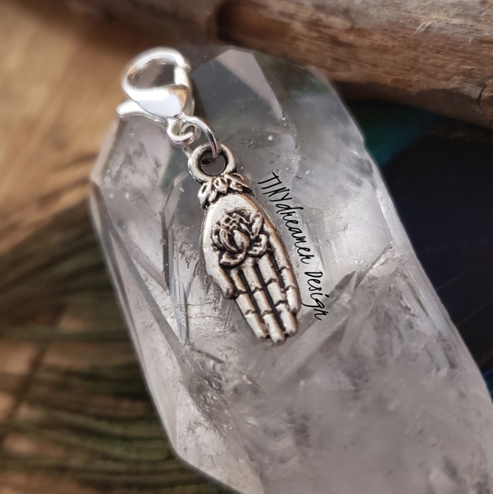 5/$25 Silver Lotus Flower Hamsa Hand Charm for Bracelet Zipper Bohemian Goddess